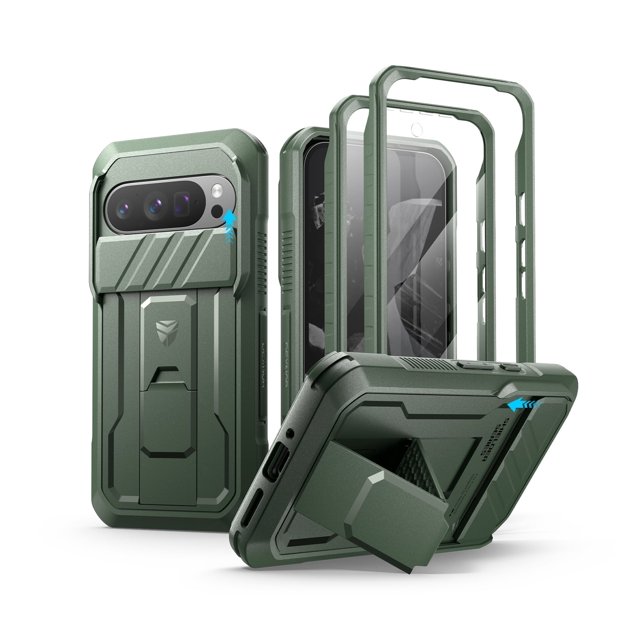Dexnor for Google Pixel 9 Pro Case in green, featuring a slide camera cover, built-in screen protector, and heavy-duty kickstand. This full-body protective cover includes dual front frame options, military-grade shockproof TPU bumpers, and a robust PC back for enhanced durability. Designed for the Pixel 9 Pro 2024, it offers versatile hands-free viewing with a sturdy kickstand and smooth-sliding camera cover for lens protection.