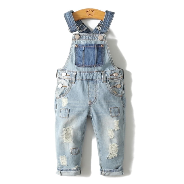 KIDSCOOL SPACE Salopette en Denim Déchirée pour Petite Fille Ou Petit Garçon, Taille 6-7 Ans,