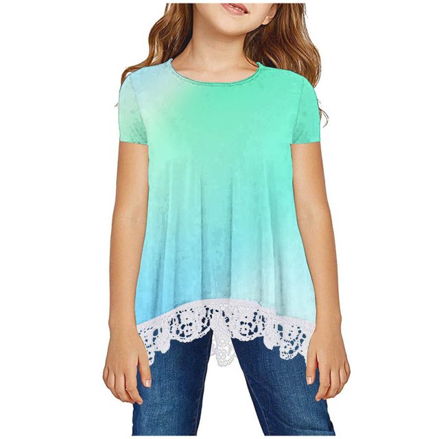 MeetoTime Kids Short Sleeve Tops Summer Casual Round Neck Gradient Color Lace Layered T-Shirt Tee for Girls