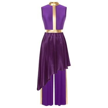 Aislor Robe de Danse de Louange pour Femmes, 2 Pcs, avec Pantalon à Jambe Grand, Tenues de Danse Liturgique de Culte, Violet G