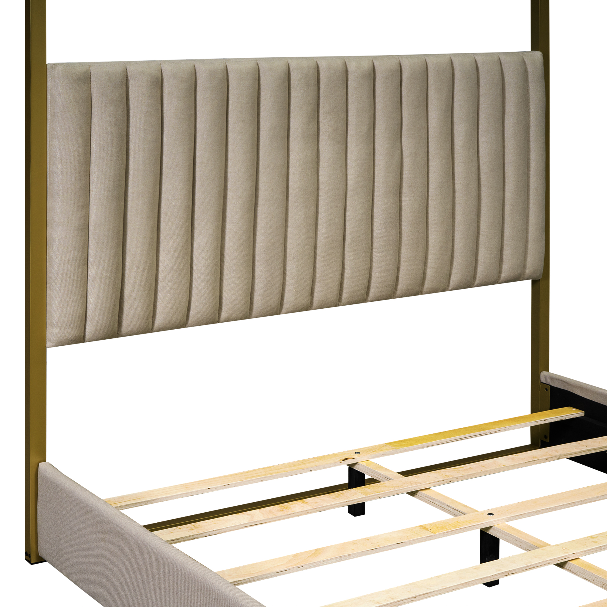 Noble House Queen Size Upholstery Canopy Platform Bed with Headboard and Metal Frame, Beige