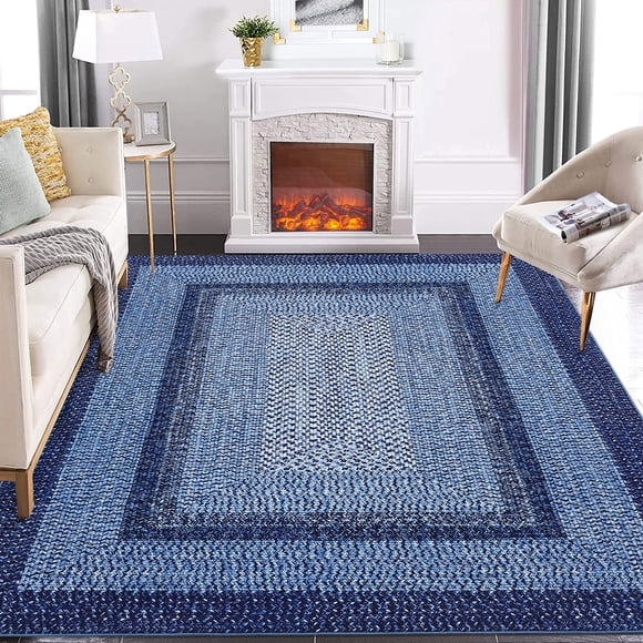 Nanan 9'x12' Modern Braided Print Area Rug, Machine Washable Low Pile Non-Slip Decor Rug for Living Room Dining Room, Navy Blue