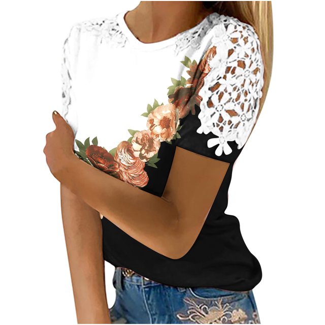 Birdeem Femmes Imprimé Manches Courtes Col Rond Chandail en Dentelle Hauts Chemises Blouse