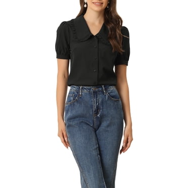 INSPIRE CHIC Blouse pour Femme Col Peter Pan Manches Courtes Bouffantes Haut Rétro L Noir