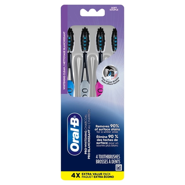 Oral-B Pro-Flex Charcoal Manual Toothbrush, Soft bristle pack of 4 with black bristles and blue, gray, and pink handles, removes 90% of surface stains for a whiter smile, featuring stain eraser bristles and dual-flexing sides that adapt to teeth for effective cleaning.