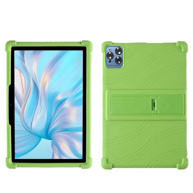 For DOOGEE First Tablet T10 10.1 Inch Tablet protective case in green, made of durable rubber with a solid pattern. Features thickened anti-falling and anti-collision design for shockproof and drop resistance. The case includes a built-in kickstand for hands-free use and measures 25cm in length and 17cm in width. Compatible with DOOGEE First Tablet T10.