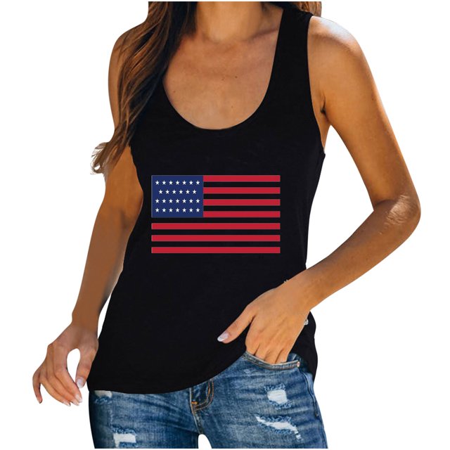 Pompotops Femmes Décontracté Drapeau Américain Imprimé Sans Manches Débardeur Décontracté Blouse T-shirt