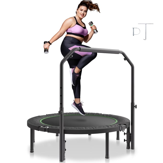 52-inch foldable mini fitness trampoline for adults by VEVOR, featuring a durable black and green design with a 4-level adjustable handlebar ranging from 39 to 48.5 inches. The trampoline supports up to 450 lbs with reinforced steel construction and 40 high-strength springs for a smooth, low-impact bounce. Non-slip footpads ensure quiet operation and floor protection. A woman in workout attire is shown exercising on the trampoline, demonstrating its use for aerobic fitness. Includes accessories like a labor-saving tool, spring hook, and safety buckle.