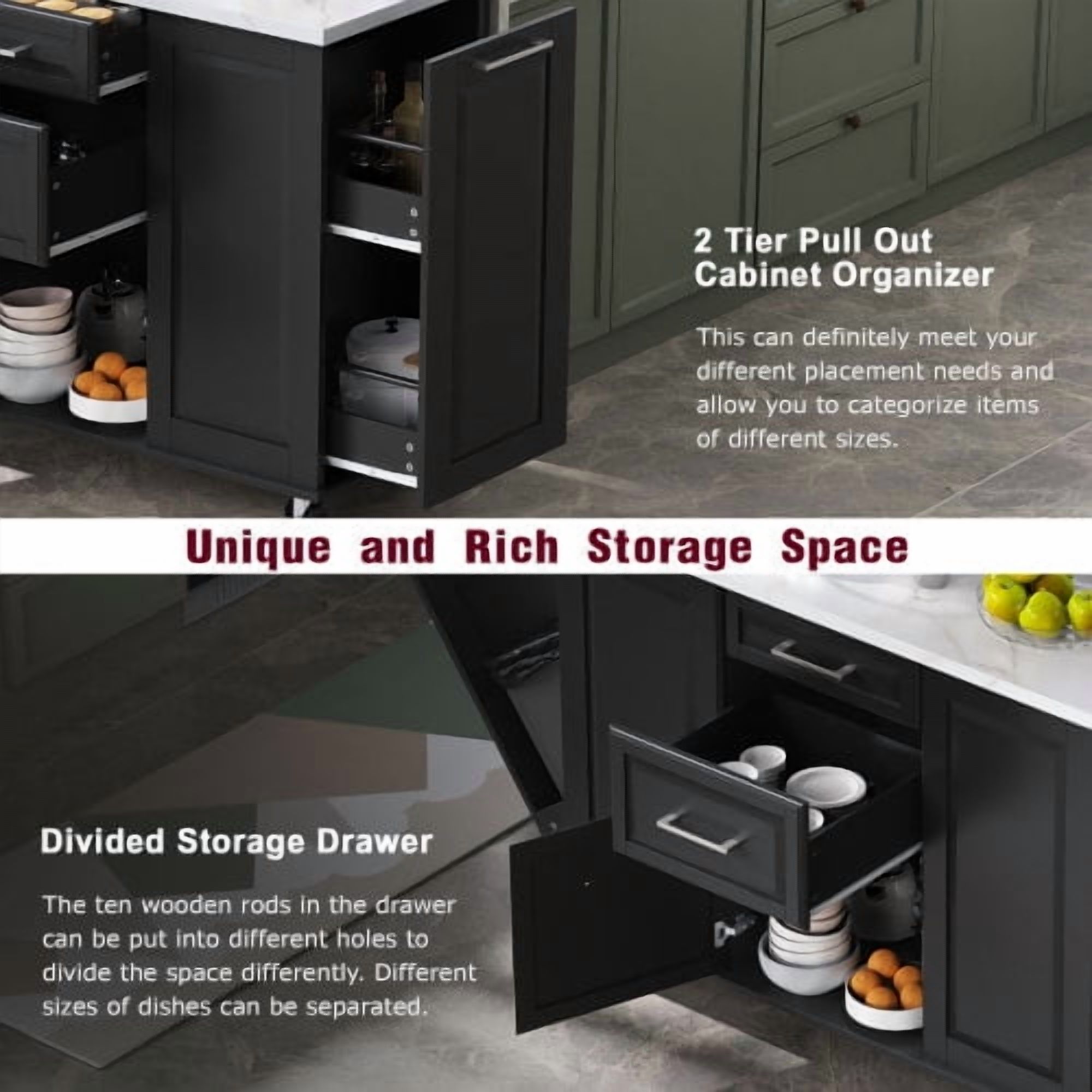 Homy Casa Îlot de cuisine roulant 50,7 po avec rangement, abattant, armoire basculante pour poubelle, organiseur coulissant, 2 tiroirs, noir
