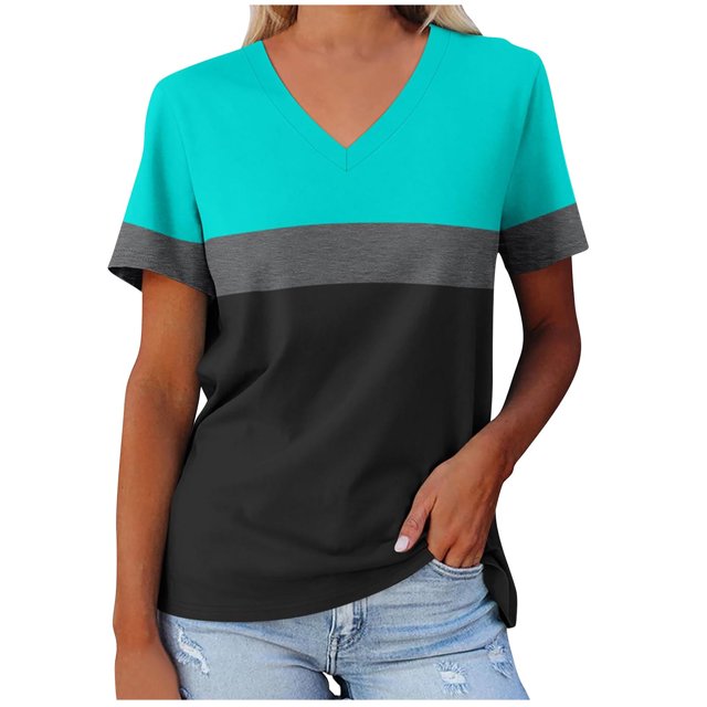 Yuyuzo T-Shirts pour Femmes Manches Courtes Décontractés Col en V Tops d'Été Color Block Tees Amples