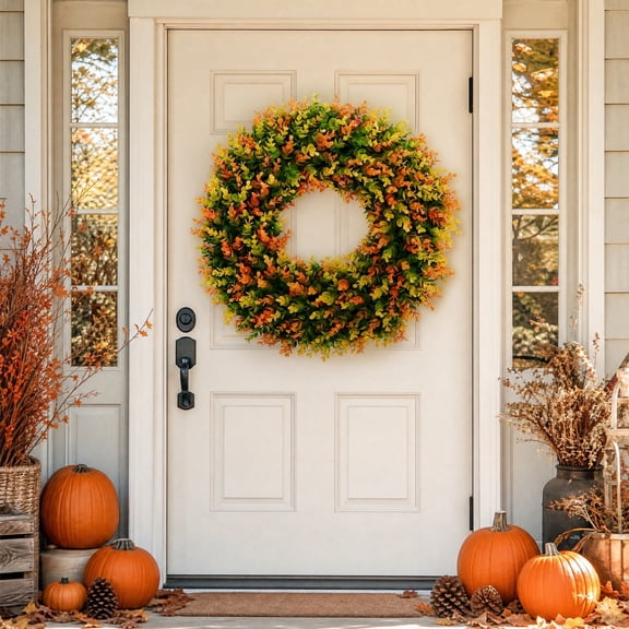Fall Wreath for Front Door – Artificial Orange Yellow Green Mixed Foliage, Large 24 Inch Plastic Leaf Garland for Home Wall Window Thanksgiving Decor