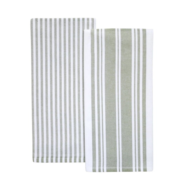 Better Homes & Gardens 2pk Kitchen Towel, Flat Woven, two 100% cotton towels with sage green and white vertical stripes in varying widths, measuring 30 by 20 inches, absorbent and ideal for drying dishes or wiping kitchen surfaces.