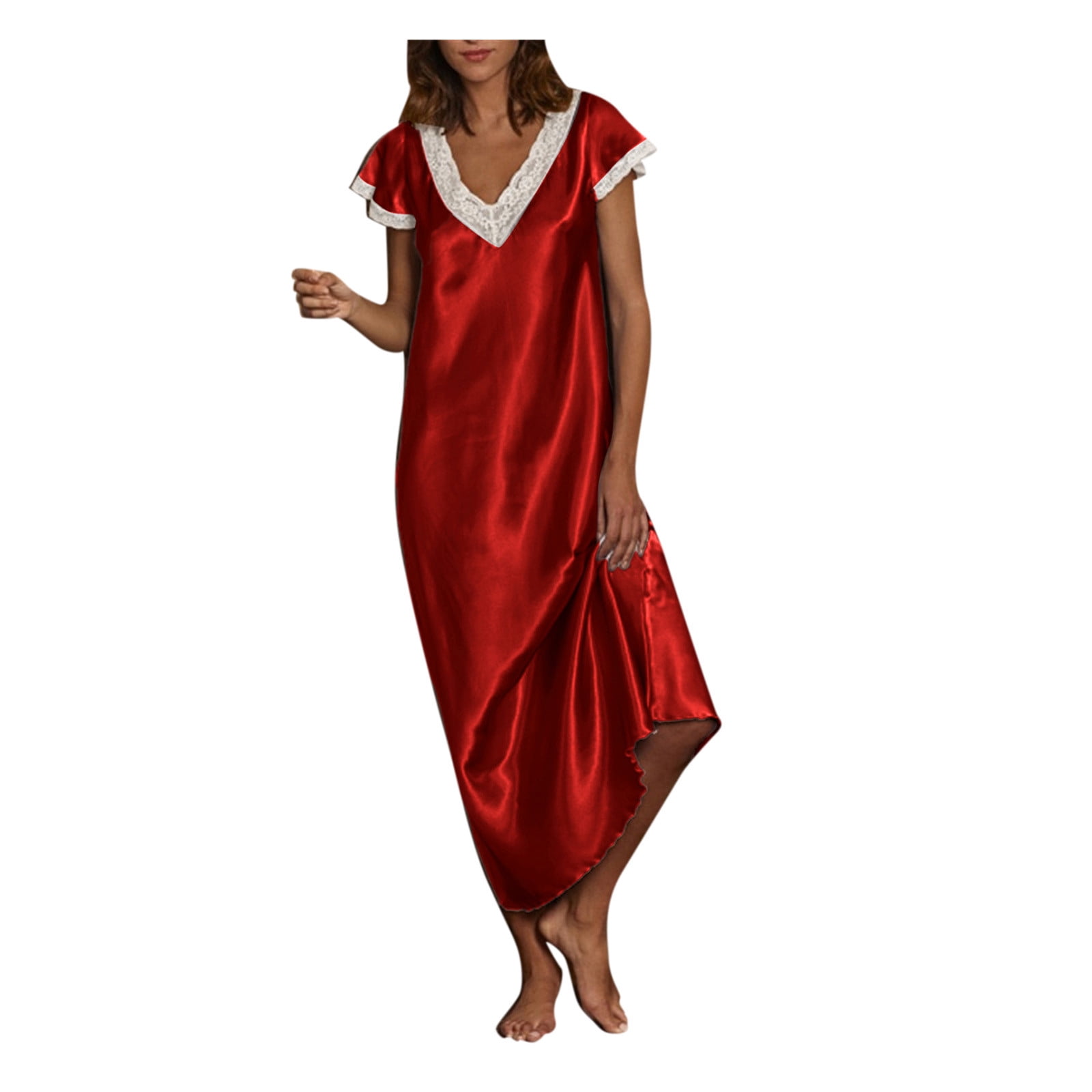 Robe à Manches Courtes Femmes Manches Courtes Col en V Tenue d'Intérieur Pyjamas Longue Robe Chemises de Nuit Vêtements de Nuit