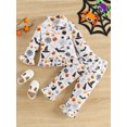 thumbnail image 2 of SUNSIOM Kid Girl Halloween Pajamas Set, Pumpkin Print Long Sleeve Button Down Ruffle Tops Elastic Waist Pants 2 Piece Set, 2 of 6
