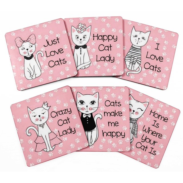 Inkdotpot Set of 6 Drink Coasters Easy Clean 4-inch SquareCoastersCork Base-Reusable- Cat Quotes