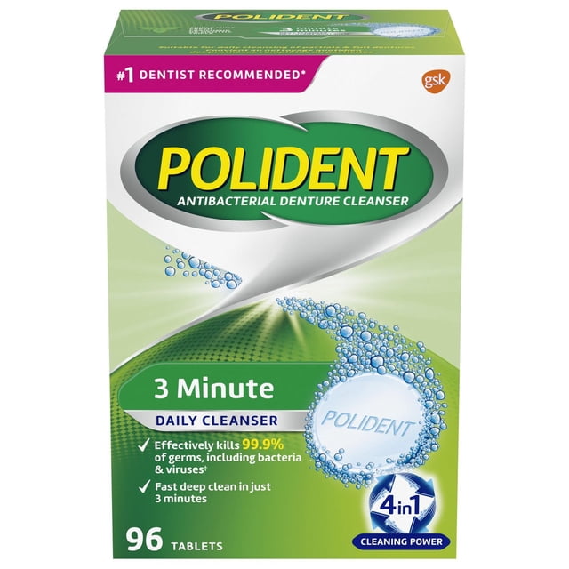 Polident 3 Minute Daily Denture Cleanser 96ct box containing antibacterial denture cleanser tablets with 4-in-1 cleaning power that kills 99.9% of germs including bacteria and viruses, offering a fast deep clean in just 3 minutes, green and white packaging with Polident logo.