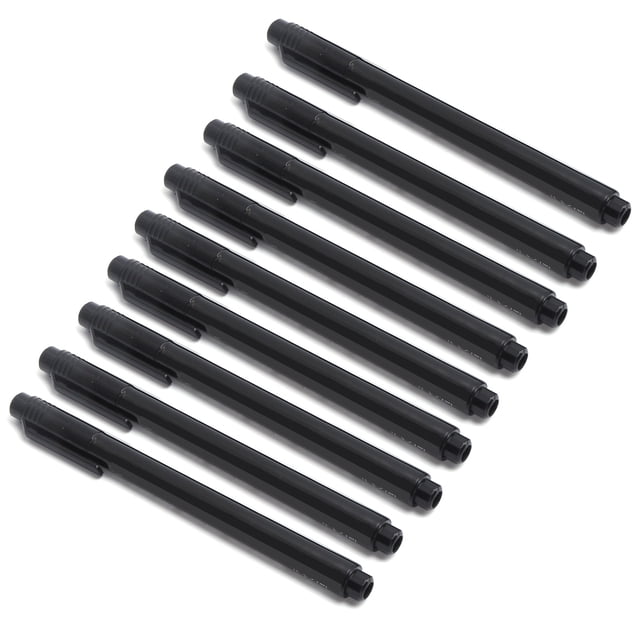 YOUTHINK Felt Tip Pens, Fine Point, Black Ink, 9 Count. A set of nine black felt tip pens with fine points, displayed in a diagonal arrangement. Each pen features a coded lid, pocket clip cover, and lightweight design. Suitable for painting, sketching, graffiti, and design drawings. Includes sizes ranging from 0.05 to 1.0.