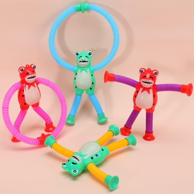 Cartoon Stretch Tube Toy with Suction Cups LED Glowing Colorful Frog Pipe, featuring flexible and stretchable tubes in bright colors. The toy has a cartoon frog shape with suction cups on its limbs, allowing it to attach to smooth surfaces like glass or tiles. Designed for stress relief, creative play, and parent-child interaction, it emits light and is durable for repeated bending. Includes random colors and measures approximately 16cm in length, 4cm in width, and 15cm in height.