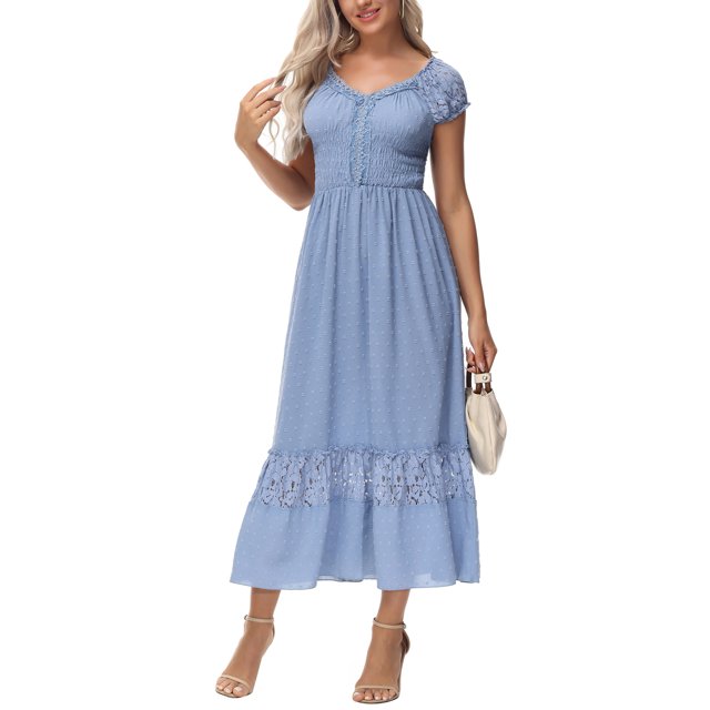Women Renaissance Peasant Maiden Boho Inspired Cap Sleeve Lace Trim Maxi Dress, Sky Blue, XX-Large