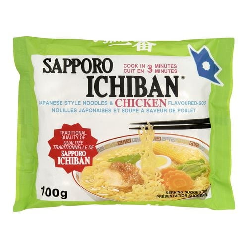 Sapporo Ichiban Japanese Style Noodles and Chicken Soup 100g package with green and white packaging showing a bowl of noodles with chicken, egg, and vegetables, ready in 3 minutes, featuring traditional quality and a separate seasoning packet to adjust flavour, suitable for quick meals or as a side dish.