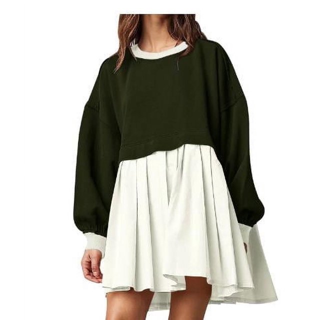 A-line Dress with Neck and Contrast Color for Women‘s Spring Casual Style