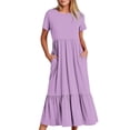 thumbnail image 1 of Robes pour Femmes 2024 Été Surdimensionnée Décontractée à Manches Courtes Col Rond Robe Décontractée Fluide à Étages Maxi de Plage avec Poches Rabais de 50 % Liquidation!, 1 of 5