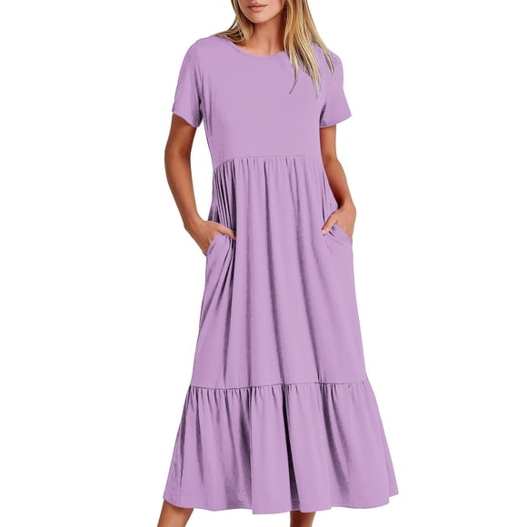 CFLVAEK Summer Beach Dresses for Women 2024 Loose Fit Solid Tshirts Dress Tiered Smocked Maxi Dress Comfy Short Sleeve Flowy Dresses Casual Round Neck Long Dress