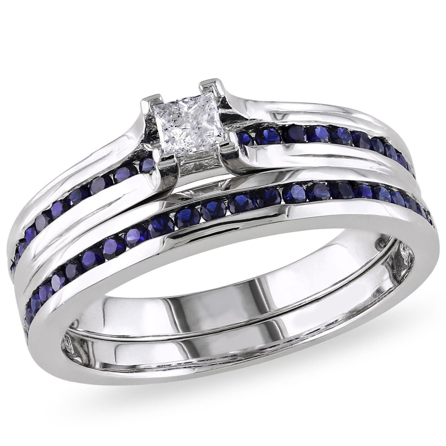 Ensemble nuptial Miabella avec diamants 1/6 CT poids total de taille princesse et saphir bleu synthétique en argent sterling