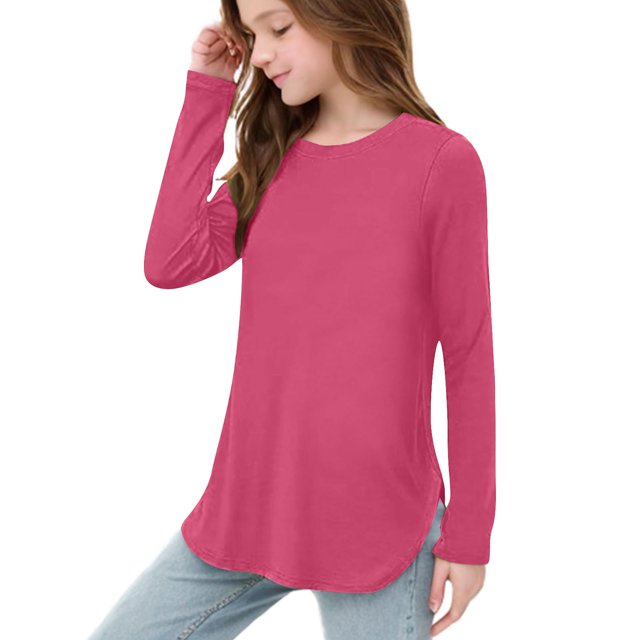Plebaso Chemises à Manches Longues pour Filles Col Rond Hauts Décontractés Blouses Amples Unies pour Enfants Printemps Été
