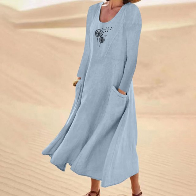 Meichang Robes d'Été Décontractées pour Femmes, Robes Maxi Évasées en Coton et Lin, Manches Longues, Encolure Dégagée, Imprimé Pissenlit, Robes Amples en Lin avec Poches, Bleu Ciel, G