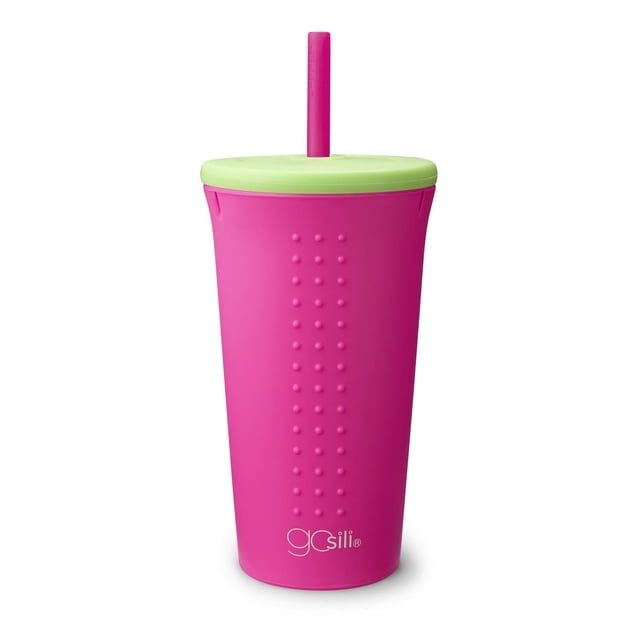 GoSili Straw Cup, 16oz, Pop Watermelon reusable silicone cup with lime green lid and pink straw, featuring embedded stainless-steel ring to maintain shape, textured grip dots on the body, microwave and dishwasher safe, suitable for sustainable drinkware and on-the-go hydration.