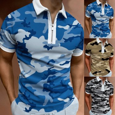 Chandail à Demi-Glissière à Col à Revers Imprimé 3D pour Homme, T-Shirt Athlétique Décontracté à Manches Courtes Couleur Camouflage pour Homme, Chemise d'Été pour Homme en Solde