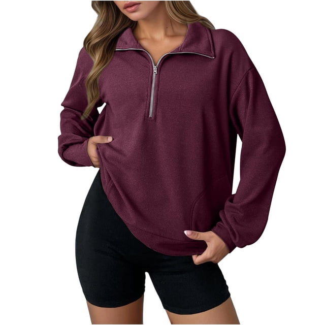 Erwazi Womens Half Zip Pullover Top Waffle Long Sleeve Lapel Functional Pocket Work To Weekend Versatile Blouses