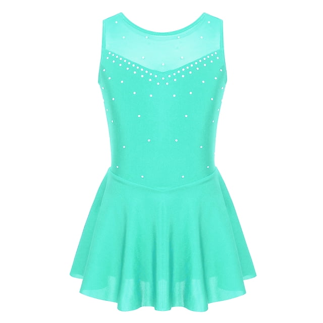 Oyolan Robe de Patinage Artistique en Maille Strass Pailletée pour Filles, Maillot de Ballet une Pièce Vert Menthe 12