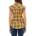 thumbnail image 3 of INSPIRE CHIC Women's Point Collar Short Cap Sleeves Plaids Button Down Shirt Yellow XL, 3 of 5