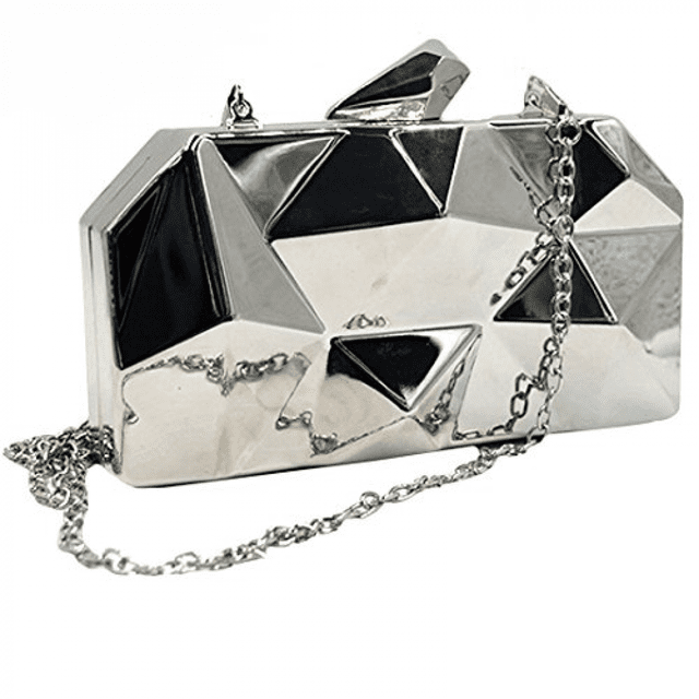 AVEKI Women Lattice Pattern Metal Handbag Chain Geometric Evening Clutch Purse in silver. The clutch features a sleek metallic geometric design with a shimmering finish, crafted from wear-resistant poly-cotton material with a metal coat. It includes a detachable chain strap for versatile use as a handbag, shoulder bag, or crossbody bag. Compact yet spacious, it measures 20x4x10cm (7.9x1.6x3.9in) and is suitable for carrying essentials like a phone, lipstick, and cards. Ideal for weddings, parties, and formal events.