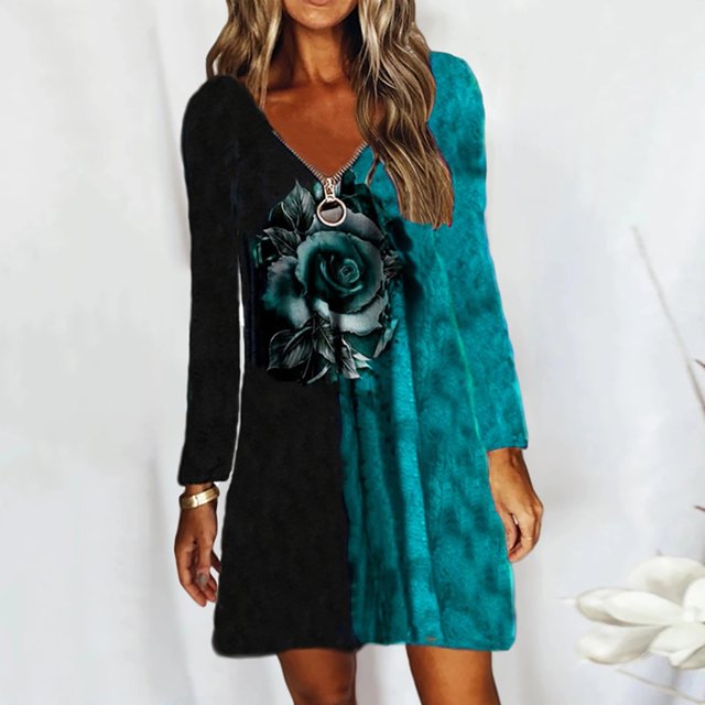 Robe Ample Décontractée pour Femmes à Col en V Classique à Manches Longues avec Imprimé Floral