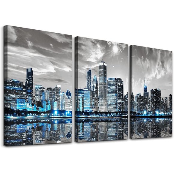 Wall Decor Living Room Modern City New York Pictures Canvas Wall Art for Bedroom Poster for Office Farmhouse 3 Pieces Set Wood Framed Night Scene Prints Paintings for Home Decorations