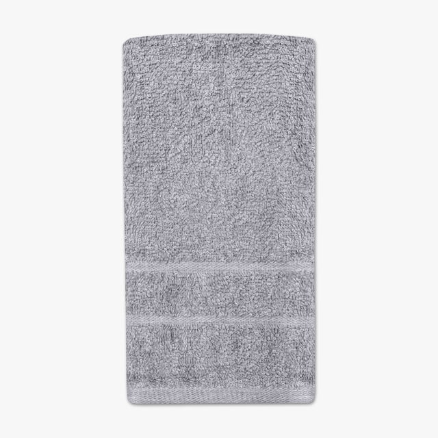 Mainstays Solid Hand Towel in grey, front view of a 14 by 25 inch cotton/polyester blend towel with looped texture and two horizontal woven bands near the bottom, designed for durability, absorbency, and fade resistance, also suitable for gym or spa use.
