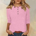 thumbnail image 2 of DENGDENG Women Tops 3/4 Sleeve Tops Cotton Elbow Summer Basic Tees Casual Button Down Round Neck Shirts Work Three Quarter Length Tunic Tops Spring Plus Size Blouses Pink XXL, 2 of 6
