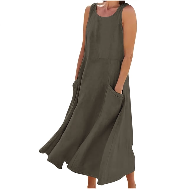 AherBiu Robe Maxi pour Femmes 2024 Été Décontractée Robe d'Été en Lin Sans Manches Ample Robe Débardeur avec Poches