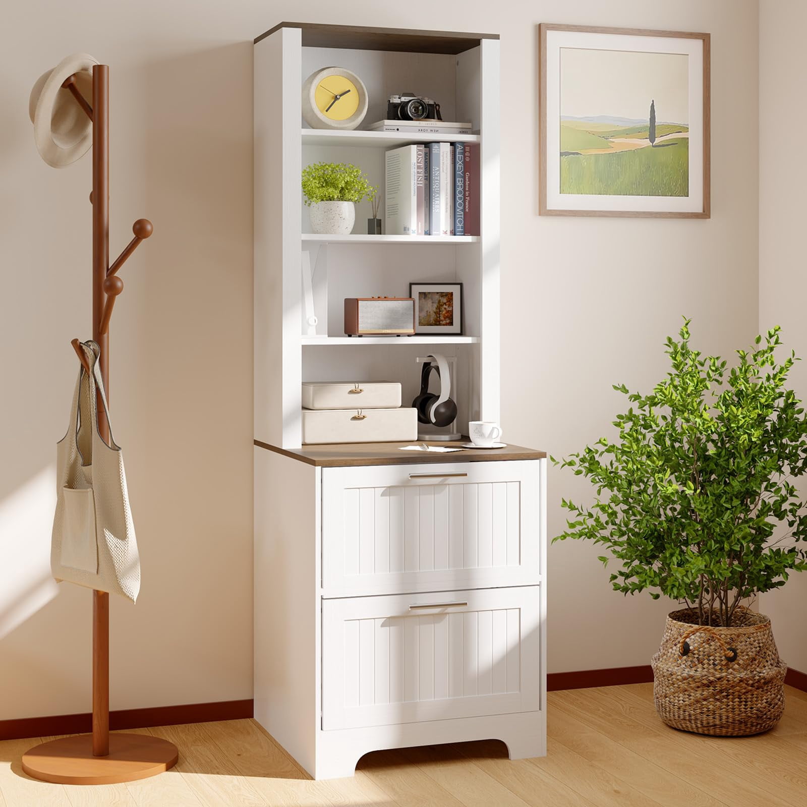 72" Tall Bookshelf with 2 File Drawers, Modern Wood Bookcase with Adjustable Shelves, Freestanding Book Shelf for Home Office, Living Room Storage Cabinet, White