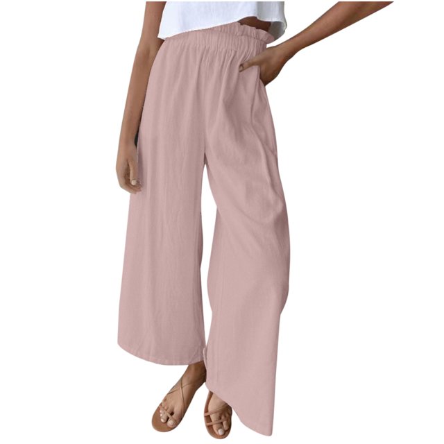 Pantalon à Jambe Grand pour Femmes Boho Taille Haute Élastique en Coton et Lin Pantalon Habillé Été Décontracté Détente Coupe Ample