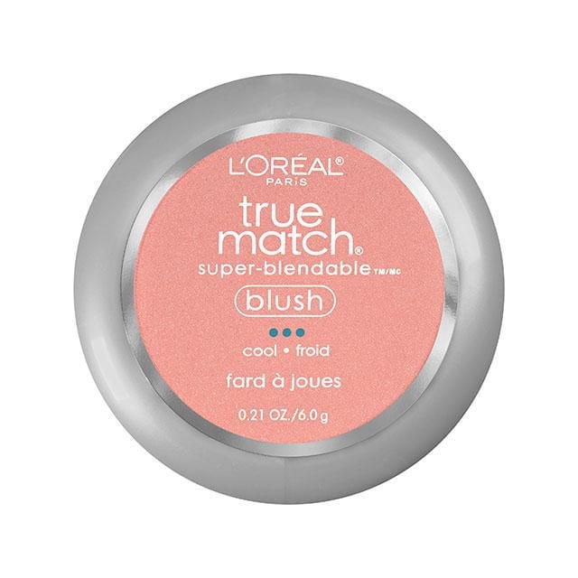 L'Oréal Paris True Match™ Blush powder in a round silver compact with a pink cool-toned label, 6 g, offering a super-blendable cheek makeup that complements skin tone naturally.