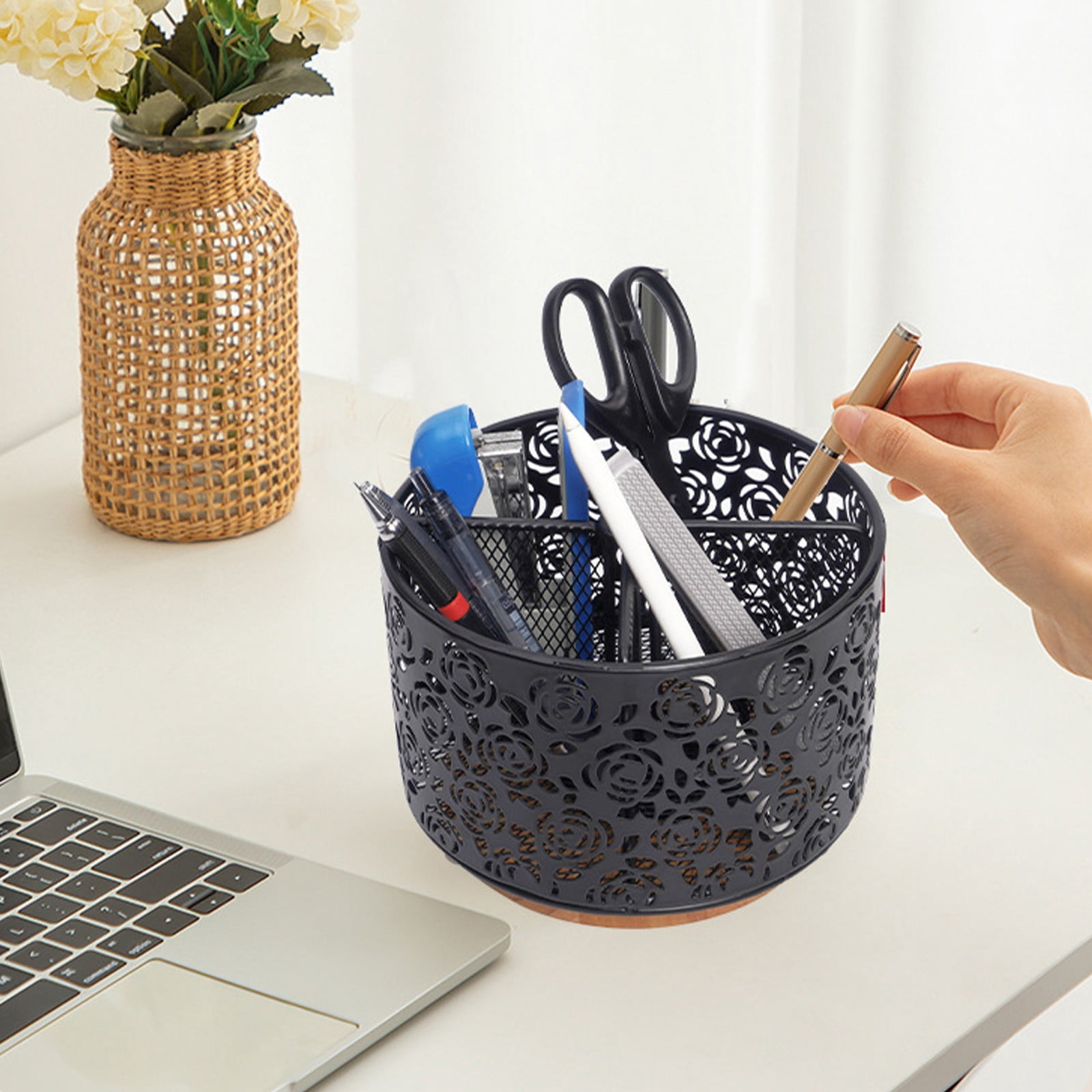 Yannianjz Rotating Mesh Desk Organizer, Sturdy 4-Compartment Pen Holders, Multi-Functional Cosmetic Storage Caddy for Office Desk, Vanity, Home