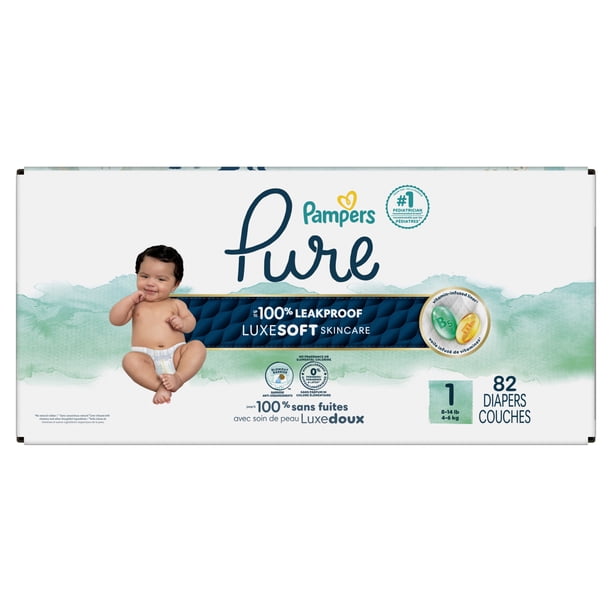 Pampers Pure Baby Diapers, Size 1 (8-14 lbs), 82, Up to 100