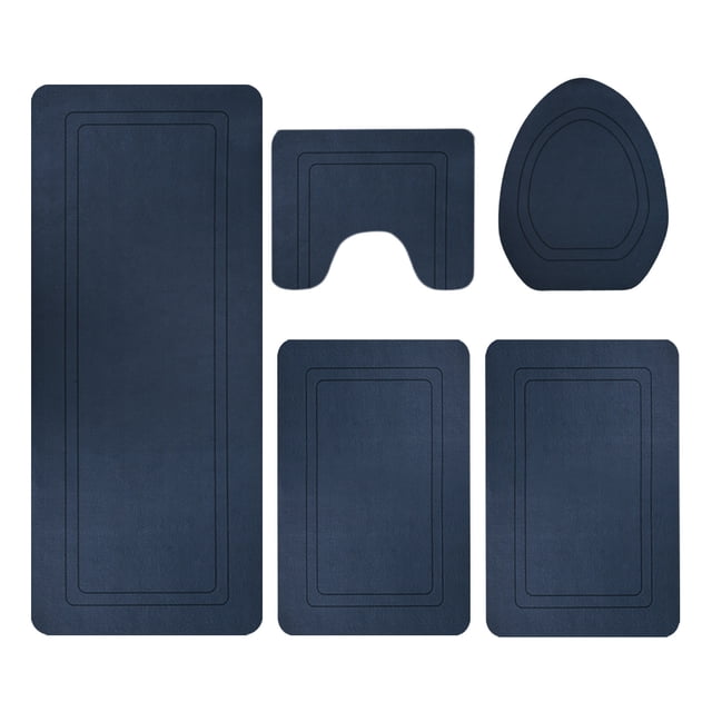 Maplenight 5-Pieces Large Bathroom Rug Set with Toilet Cover - Soft Velvet Fleece, Non-Slip, Water Absorbent, Washable, Modern Style Blue