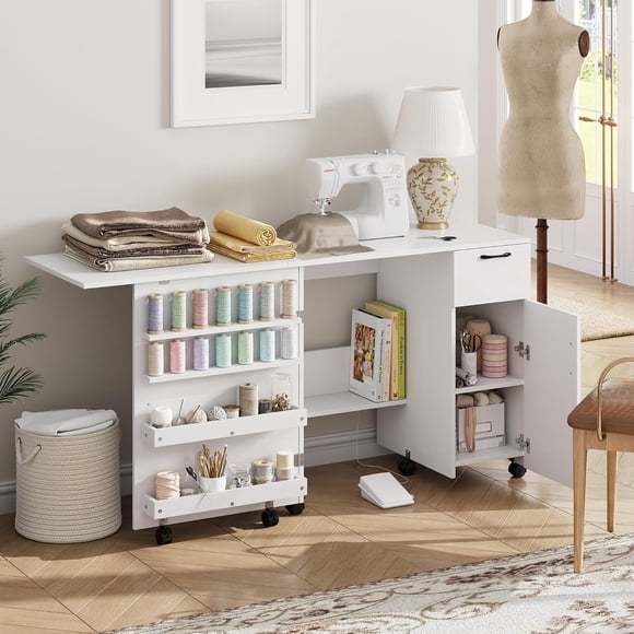 GloryStar Foldable Sewing Desk with Storage and Drawer, Rolling Craft Table with Locking Wheels for Bedroom or Compact Areas