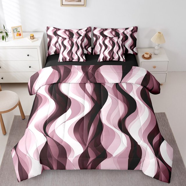 Erosebridal Ensembles de Literie Géométriques Mode Format Double, Ensembles de Douillette Noir Rose avec Draps, Ensemble de Draps de Lit Réversible à Rayures Abstraites, Super Douillet Décoratif pour Chambre, 7 Pcs