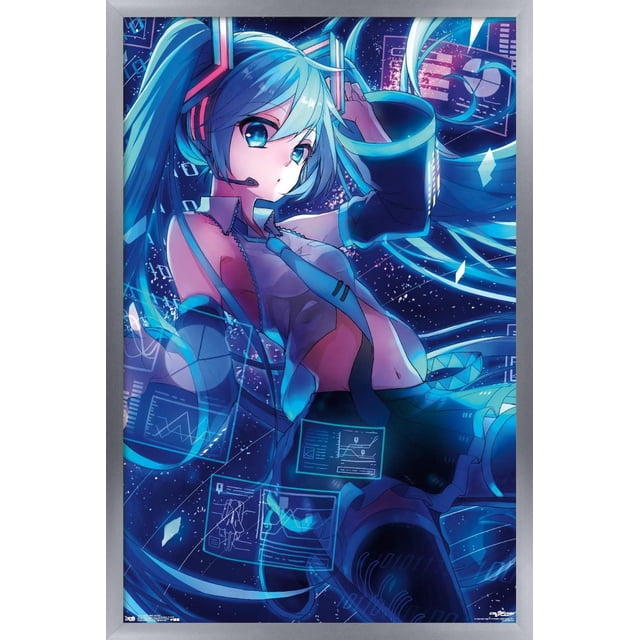 Hatsune Miku - Affiche Murale d'Écrans, 22,375 Pouces x 34 Pouces Mettant en Vedette une illustration Centrée de Style Anime d'Hatsune Miku avec de Longues Queues Jumelles turquoise, Haut Sans Manches, Cravate et Manches de Bras. Écrans Holographiques Numériques avec Graphiques Flottent Autour d'Elle sur un Fond Sombre et Étoilé. Cette Impression d'Art Mural Lustré par Trends International Convient à la Déco de Chambre Ou de Dortoir.